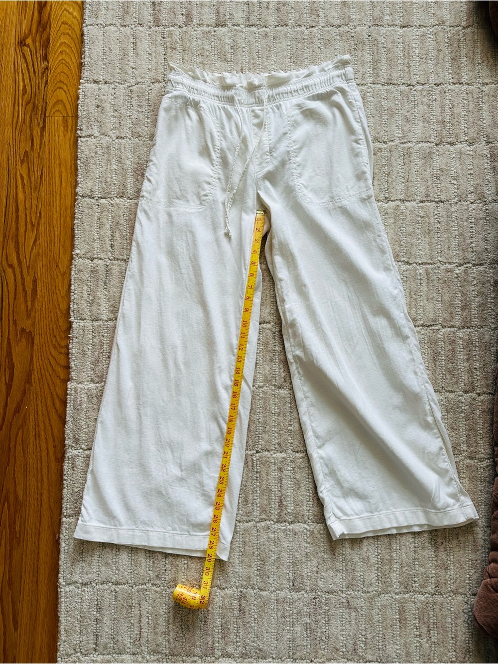 American Eagle Linen Blend Cream/White Wide Leg Flowy Stretch Waist Pants - Picture 3 of 8